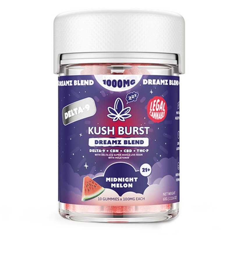 DELTA 9 THC GUMMIES + CBN + CBD + THC-P – MIDNIGHT MELON DREAMZ BLEND – KUSH BURST